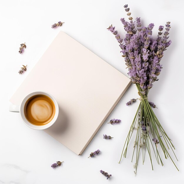 a cup of coffee and a bunch of lavender flowers on a table