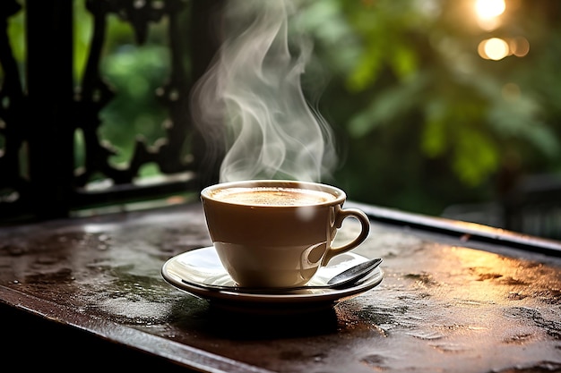 Cup of coffee in cafe on table on pleasant evening on dark background with space for text