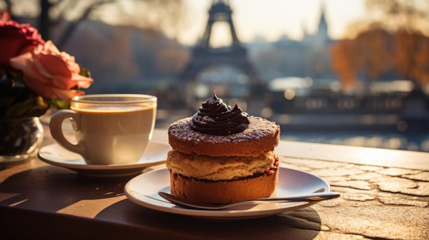 Cup of coffee and cake on the background of the Eiffel tower Generative AI