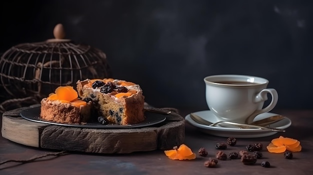 A cup of coffee and a cake with blueberries on a wooden table.