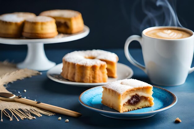 a cup of coffee and cake with a cup of coffee in the background.