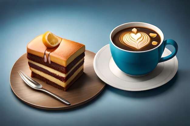 A cup of coffee and a cake with a heart on top