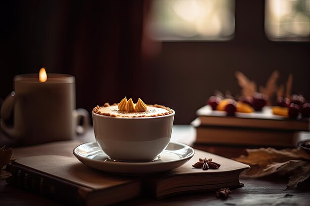 A cup of coffee and a candle on a table