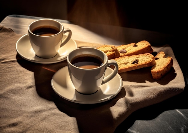 Cup of coffee cappuccino with cantuccini and a glass of water on a wooden tray Coffe Generative AI