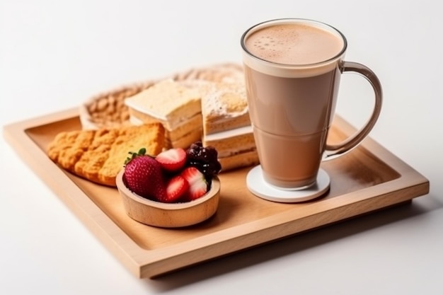 Чашка кофе капучино с кантуччини и стакан воды на деревянном подносе Coffe Generative AI