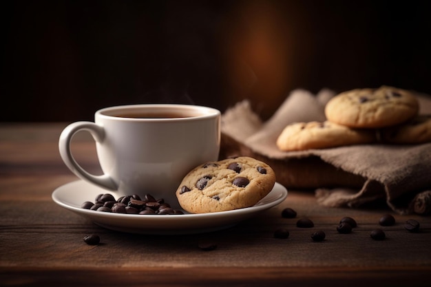 A cup of coffee and a chocolate chip cookie on a plate