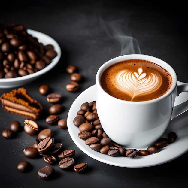 Чашка кофе и шоколад на тарелке с кофейными зернами и кофейными зернами