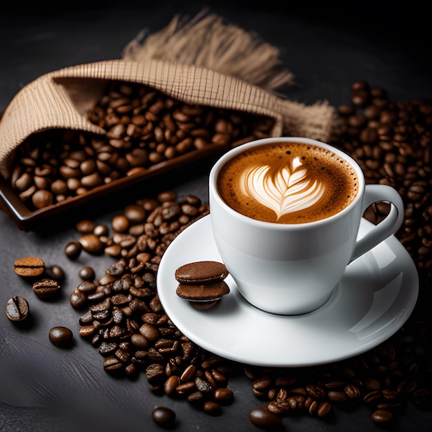 A cup of coffee and chocolates on a plate with coffee beans and coffee beans