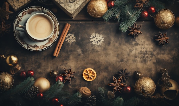 Cup of coffee and christmas decoration on rustic background