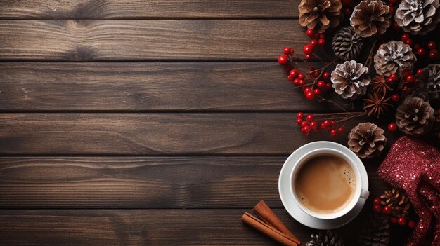 나무 바탕에 커피 컵과 크리스마스 장식 나무 배경에 커피 공간과 함께  뷰