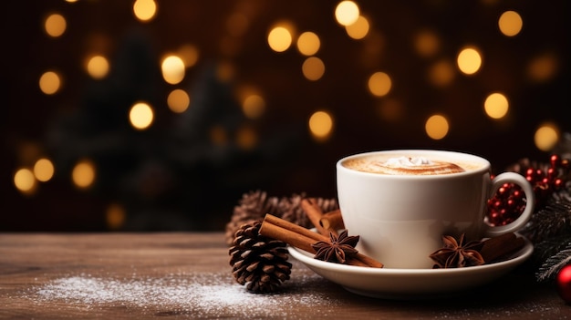 Cup of coffee at Christmas photorealistic copy space Generative AI
