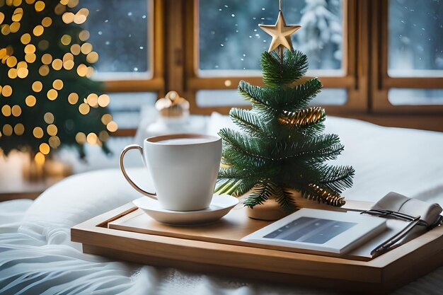 a cup of coffee and a christmas tree on a tray