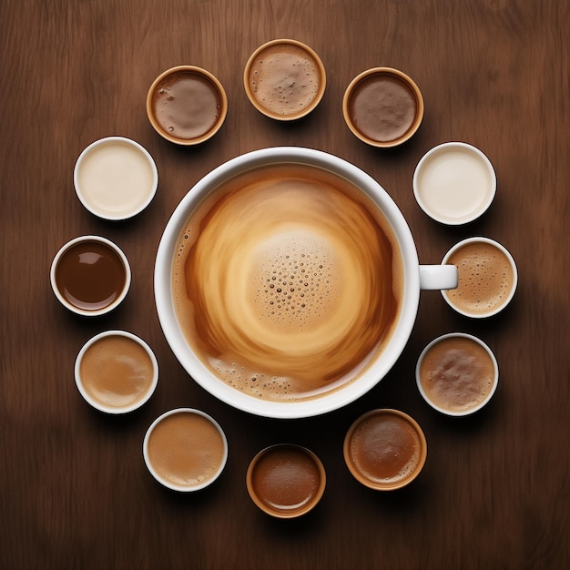 a cup of coffee in a circle of small cups