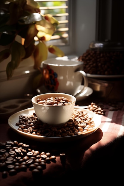 コーヒーのカップ コーヒー豆の背景 居心地の良い朝のカフェ