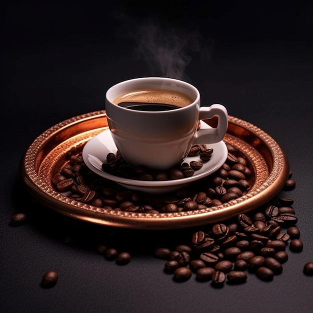 a cup of coffee and coffee beans on a black background.