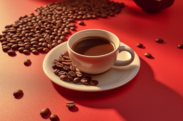 a cup of coffee and coffee beans on a red table.