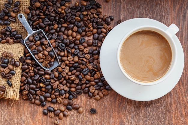 자루, 평면도에 커피와 커피 콩의 컵