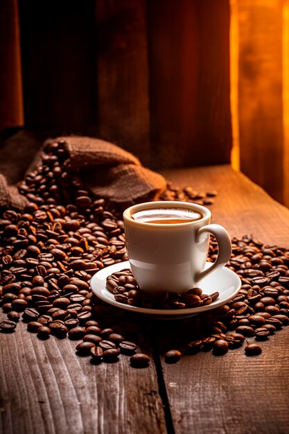 Cup of coffee and coffee beans Selective focus Drink