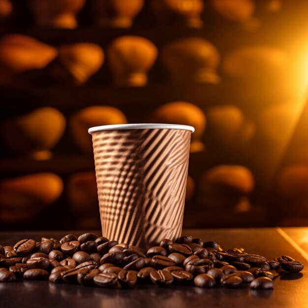 a cup of coffee and coffee beans on a table.