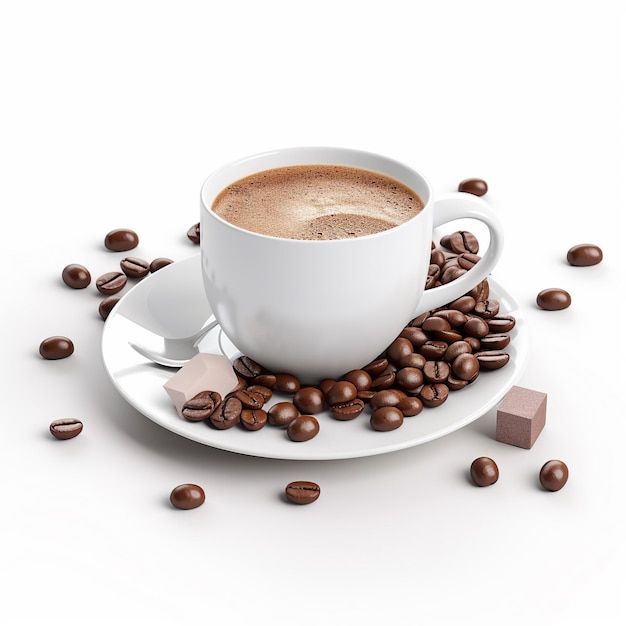 a cup of coffee and coffee beans on a white background.