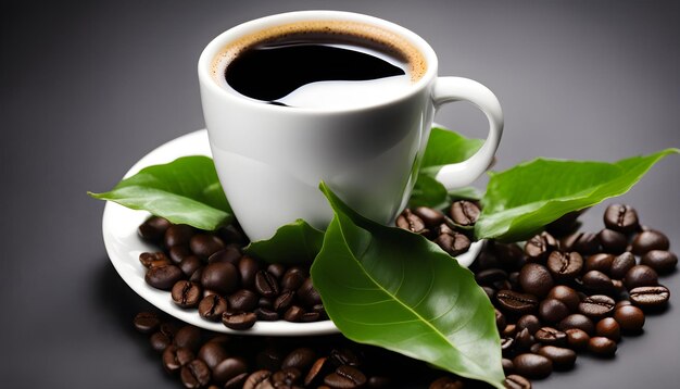 Photo a cup of coffee and a coffee cup with leaves on a table