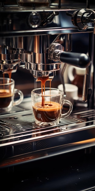 Чашка кофе в кофейной машине готовит кофе вблизи Высококачественное фото Генеративный ИИ