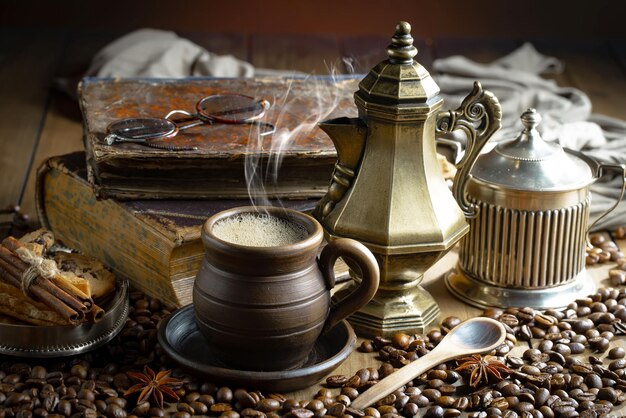 A cup of coffee and a coffee pot on a table with coffee beans and other coffee beans.