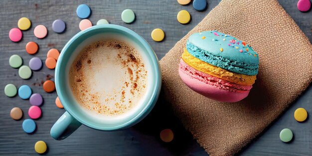 Cup of coffee and colorful cake macaron