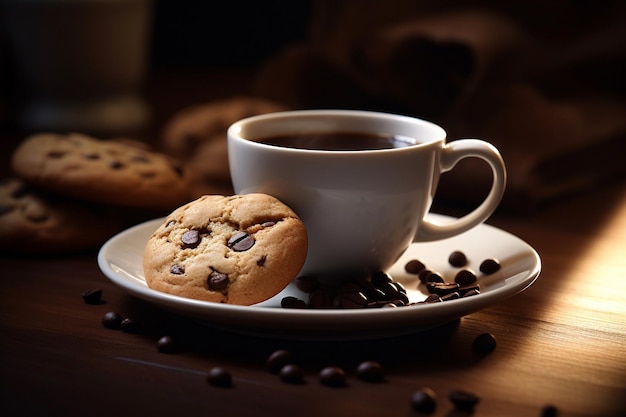 A cup of coffee and a cookie on a plate