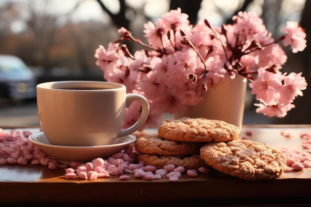 Cup of coffee and cookies in the morning sun with sakura professional advertising food photography