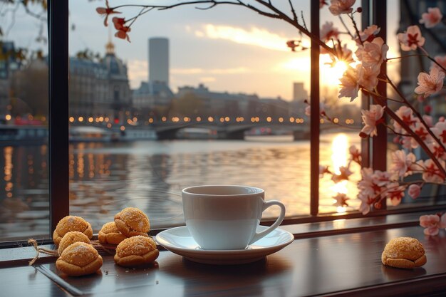 Cup of coffee and cookies in the morning sun with sakura professional advertising food photography