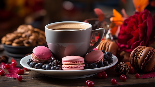 A cup of coffee and cookies with a cup of coffee on the table