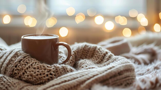 Foto una tazza di caffè su una coperta accogliente il modo perfetto per scaldarsi in una giornata fredda