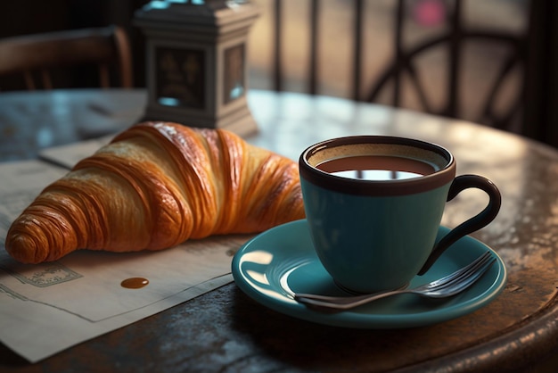 Cup of Coffee and a Croissant on a Bistro Table Breakfast Morning Coffee French Cuisine