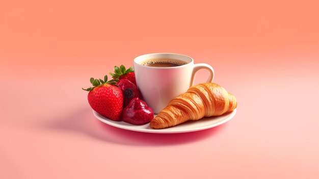 A cup of coffee and a croissant on a pink background