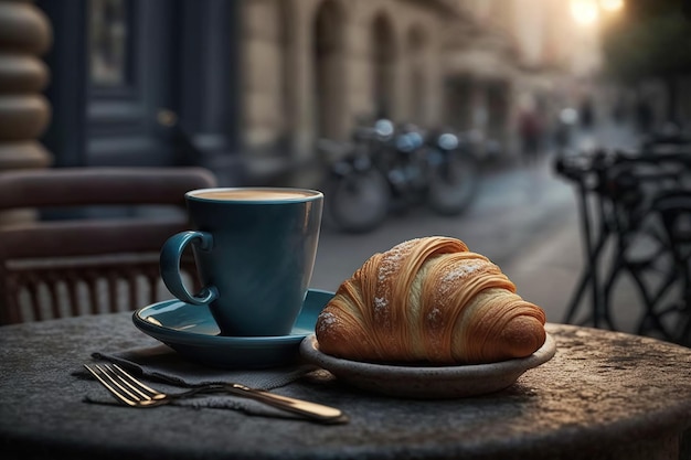 A cup of coffee and a croissant in a street cafe created by generative AI