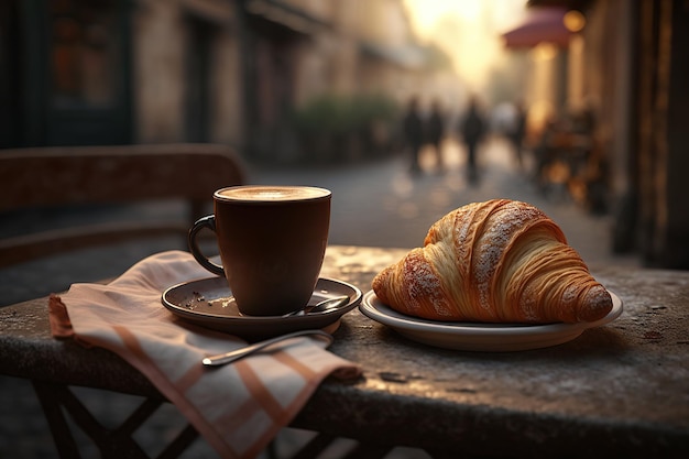 A cup of coffee and a croissant in a street cafe created by generative AI