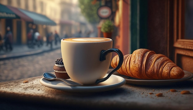 Photo a cup of coffee and a croissant in a street cafe generative ai