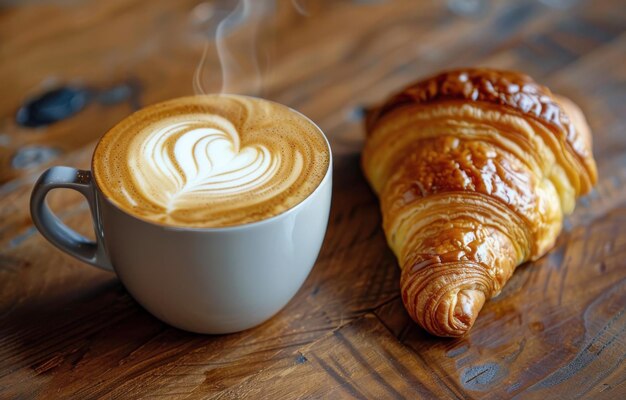 Foto una tazza di caffè e un croissant su un tavolo