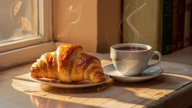 a cup of coffee and a croissant on a table