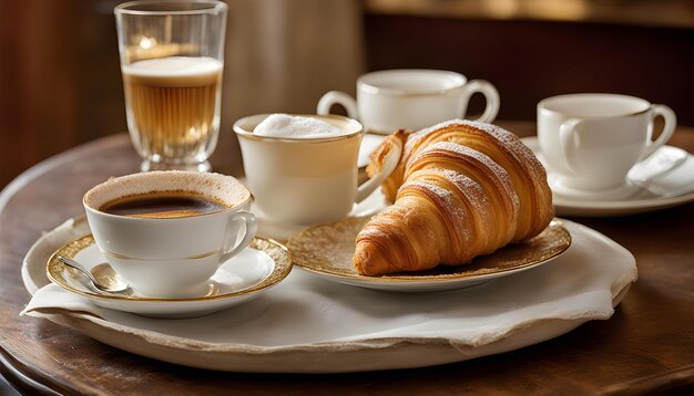 a cup of coffee next to a croissant and two cups of coffee