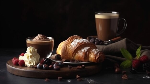 a cup of coffee and a croissant with whipped cream and a croissant.