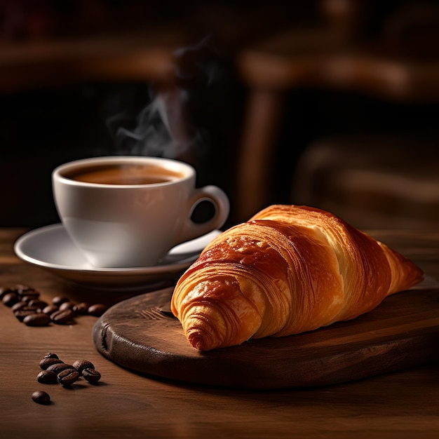 A cup of coffee and a croissant on a wooden table with coffee beans.