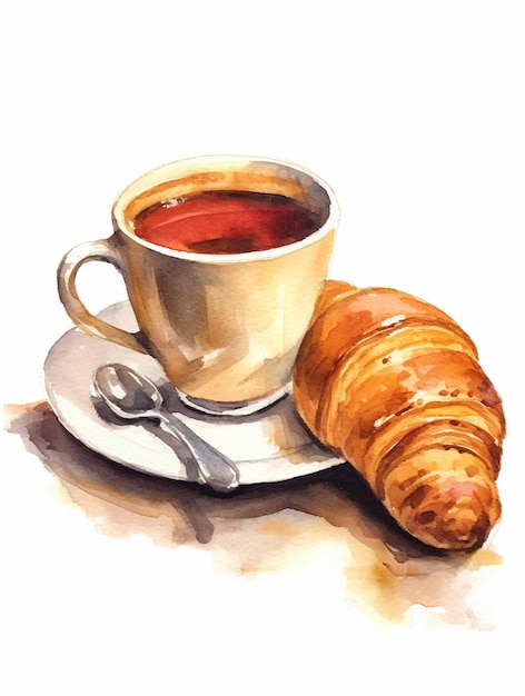 A cup of coffee and a croissant.