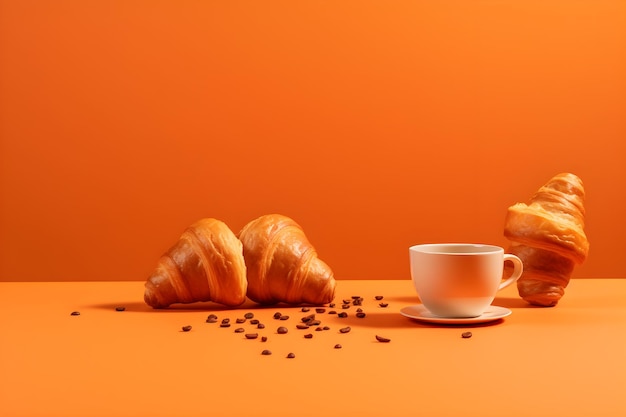A cup of coffee and croissants on an orange background with coffee beans.