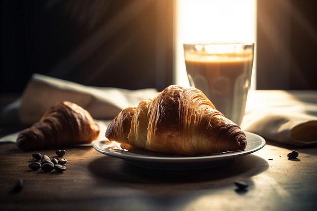 一杯のコーヒーとクロワッサンが、クロワッサンと牛乳の入った皿の隣のテーブルに置かれています。