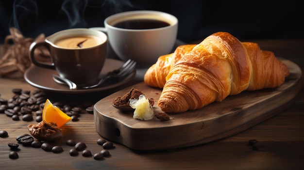 A cup of coffee and croissants on a table with a croissant and coffee.