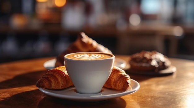 A cup of coffee and croissants on a table