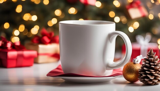 Foto una tazza di caffè accanto a una tazzina di caffè e un albero di natale