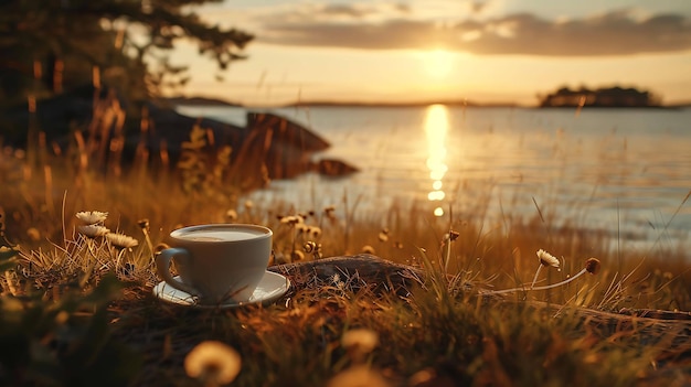 Foto una tazza di caffè e una tazzina di caffè sull'erba